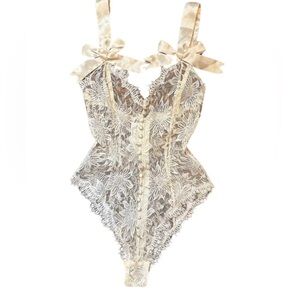 Victorias Secret Gold Label Vintage Cream Lace Bow straps Bodysuit sz S